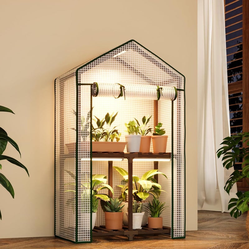 Bamworld Mini Greenhouse with Grow Light Plant Stand for Mutiple Pots Outdoor 2-Tierd Reusable Portable Warm House with PE Cover Compact Patio Boho Home Decor - Image 1